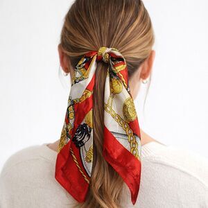 LP Crystal Collection Satin Hair Scarf Red Gold Chain Print Twilly Ponytail